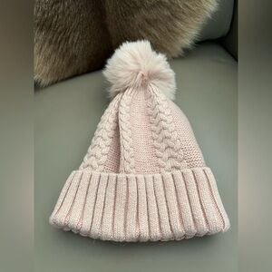 HiSO Pink Knit Beanie with Fox Fur Pom